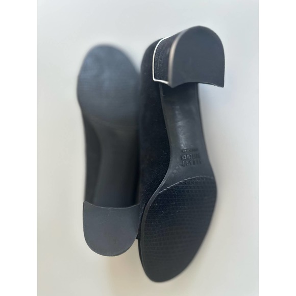Stuart Weitzman Black Suede Block Heel Silver Decal Sz. 8N - Picture 6 of 7